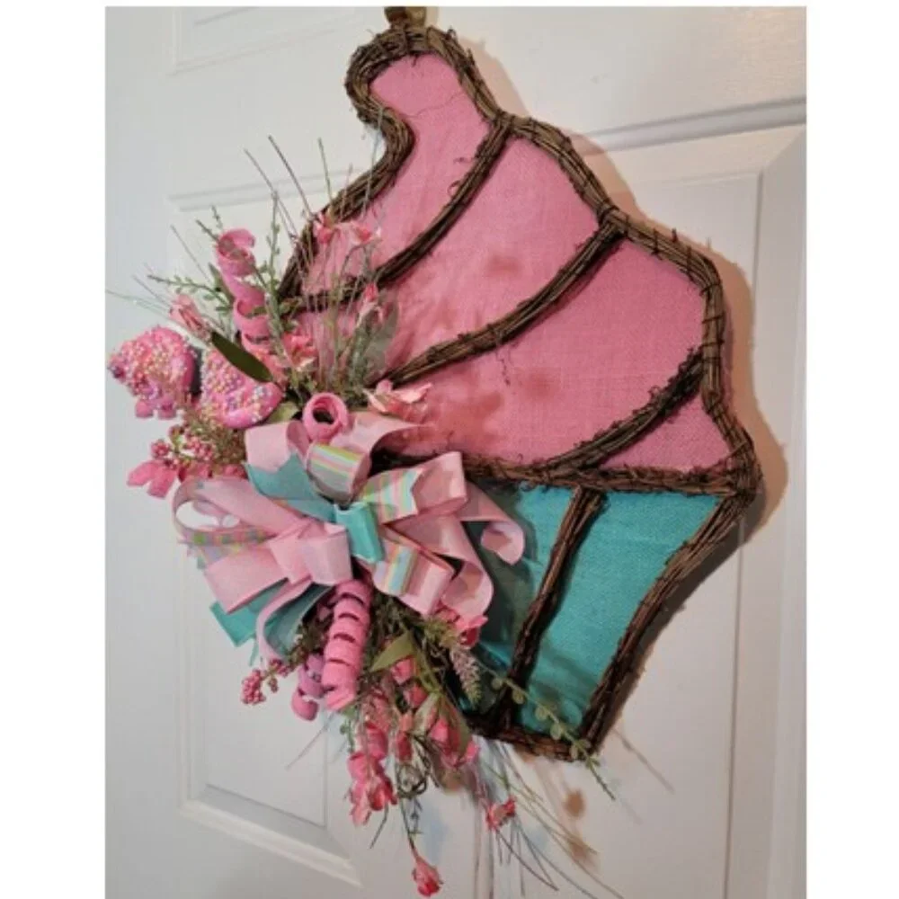 Cupcake Wreath, Pink Blue Birthday Cupcake Front Door Wreath, Hand Crafted